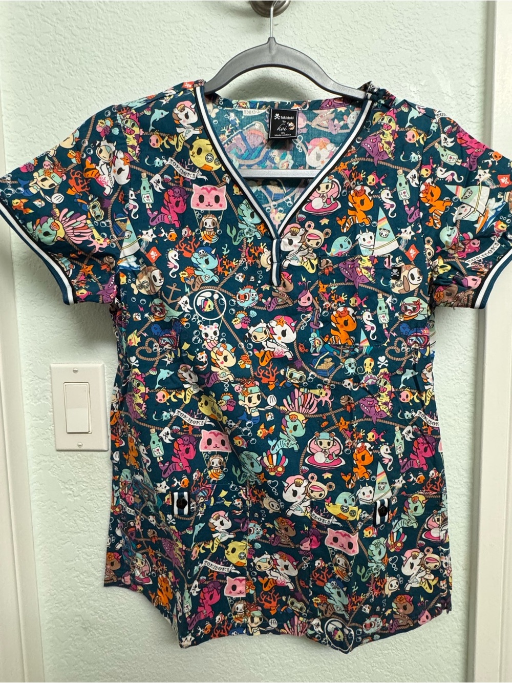 tokidoki Teal Multicolor V-Neck Scrub Top